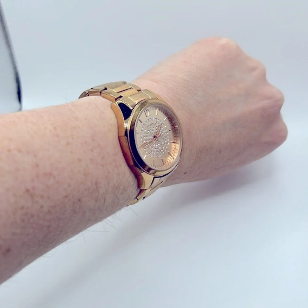 Working! Caravelle New York Rose Gold Rhinestone Face Ladies Watch